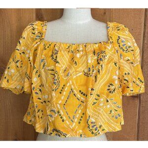 NEW RHODE ROJA YELLOW BOXY LINEN CROP TOP IN MANGO DIAMOND STITCH PRINT SIZE S